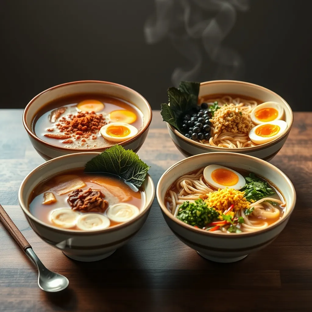 Four separate bowls showing ramen broth, tare seasoning, fresh noodles, and assorted toppings like chashu and eggs Separate bowls ramen