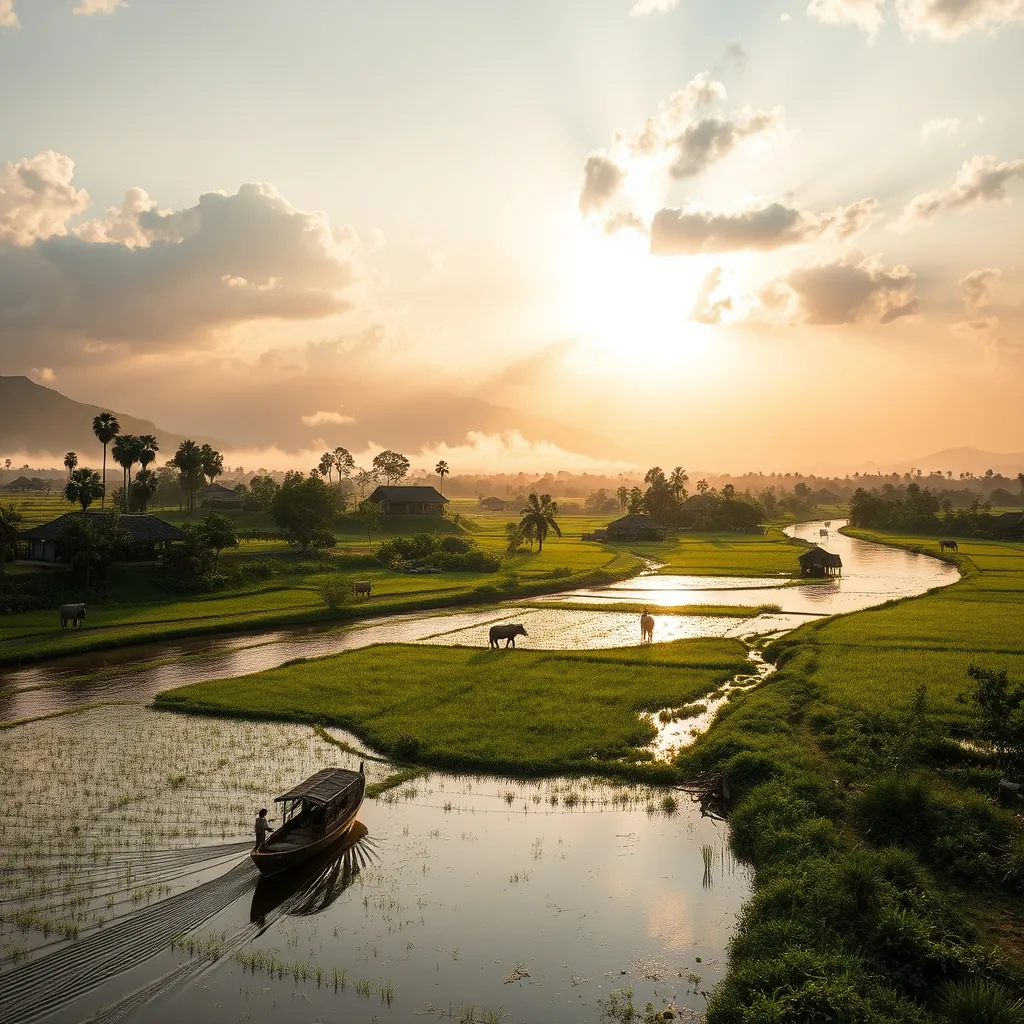 Serene Vietnamese countryside landscape near Hue with the Perfume River winding through lush green rice paddies, traditional thatched-roof village houses on stilts scattered along the riverbank, water buffalo grazing in the distance, soft morning mist rising from the fields, the Truong Son mountain range visible on the horizon, a small wooden boat gliding across the calm water, golden sunlight breaking through scattered clouds illuminating the tranquil scene Serene vietnamese countryside