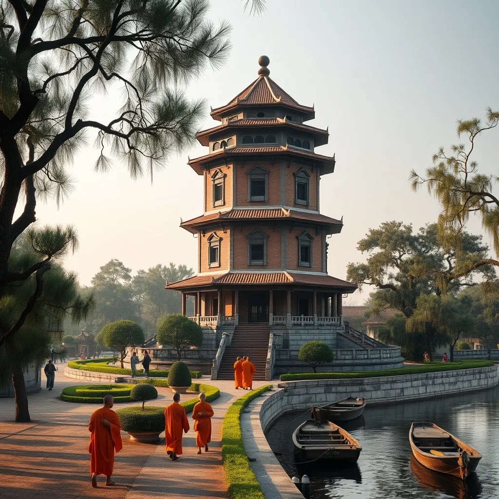 Seven-story Phuoc Duyen Tower of Thien Mu Pagoda rising above the Perfume River in Hue, Vietnam, the octagonal brick pagoda with curved tiled roofs and weathered stone walls surrounded by ancient pine trees and manicured gardens, monks in orange robes walking along the riverbank path, boats moored along the water's edge, soft morning light casting long shadows across the temple grounds Sevenstory phuoc duyen