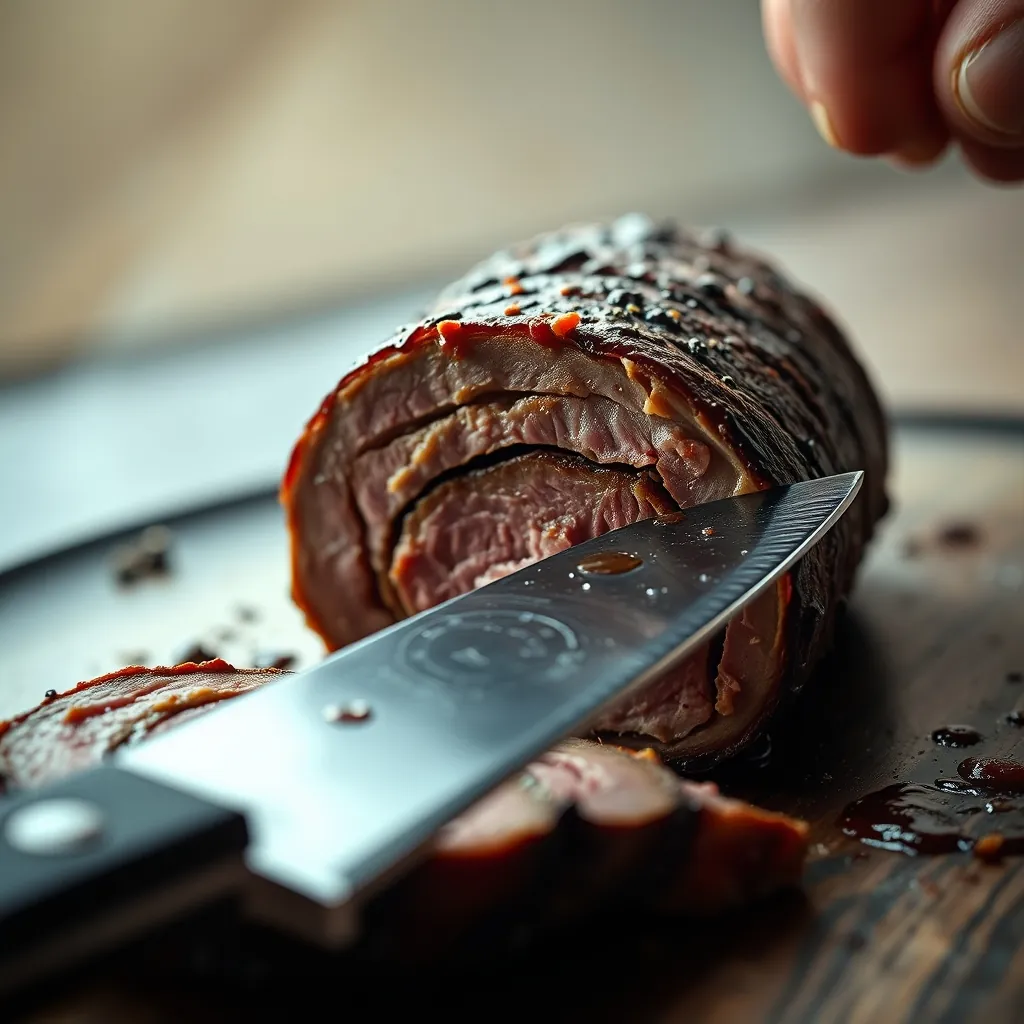Close-up of a sharp serrated knife slicing through a perfectly cooked Beef Wellington with clean, defined layers Sharp serrated knife
