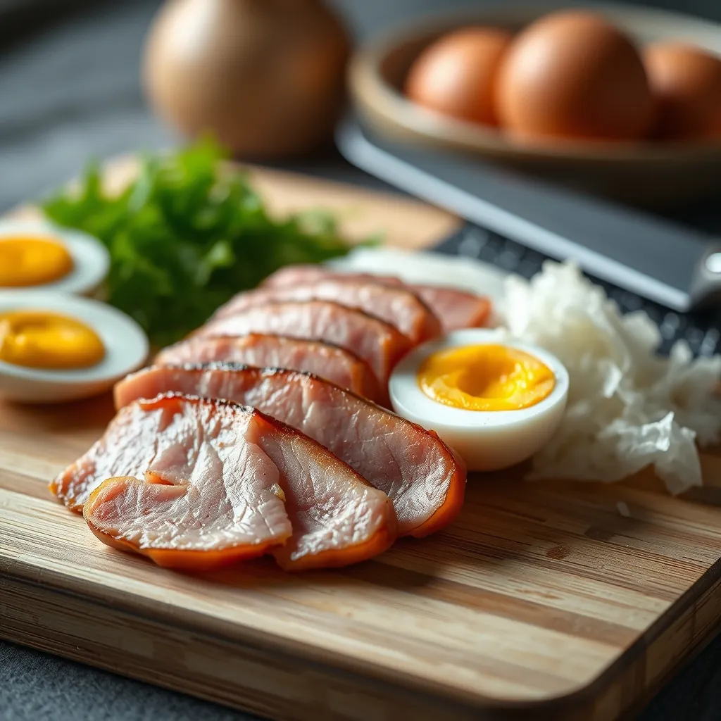Close up of sliced chashu pork belly, halved ajitama egg, and nori sheets on a cutting board Sheets cutting board
