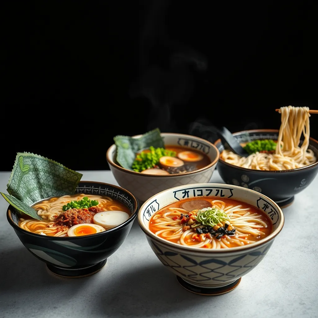 Four distinct bowls of ramen representing Hakata tonkotsu, Sapporo miso, Tokyo shoyu, and Kitakata shio Shoyu kitakata shio