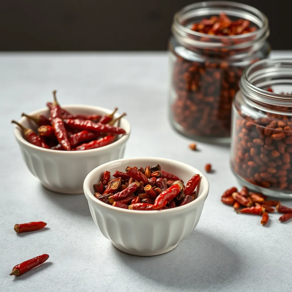 Three small bowls of dried red chilies: whole, deseeded, and ground, with a jar of Sichuan peppercorns on the side Sichuan peppercorns side