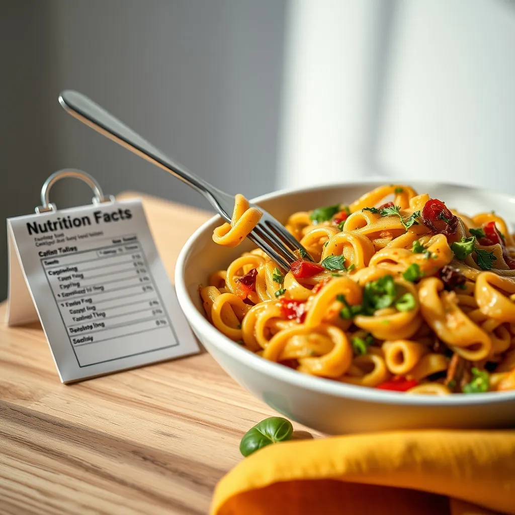 Side view of a bowl of vegan pasta with a fork, next to a small notepad with nutrition facts Side bowl vegan