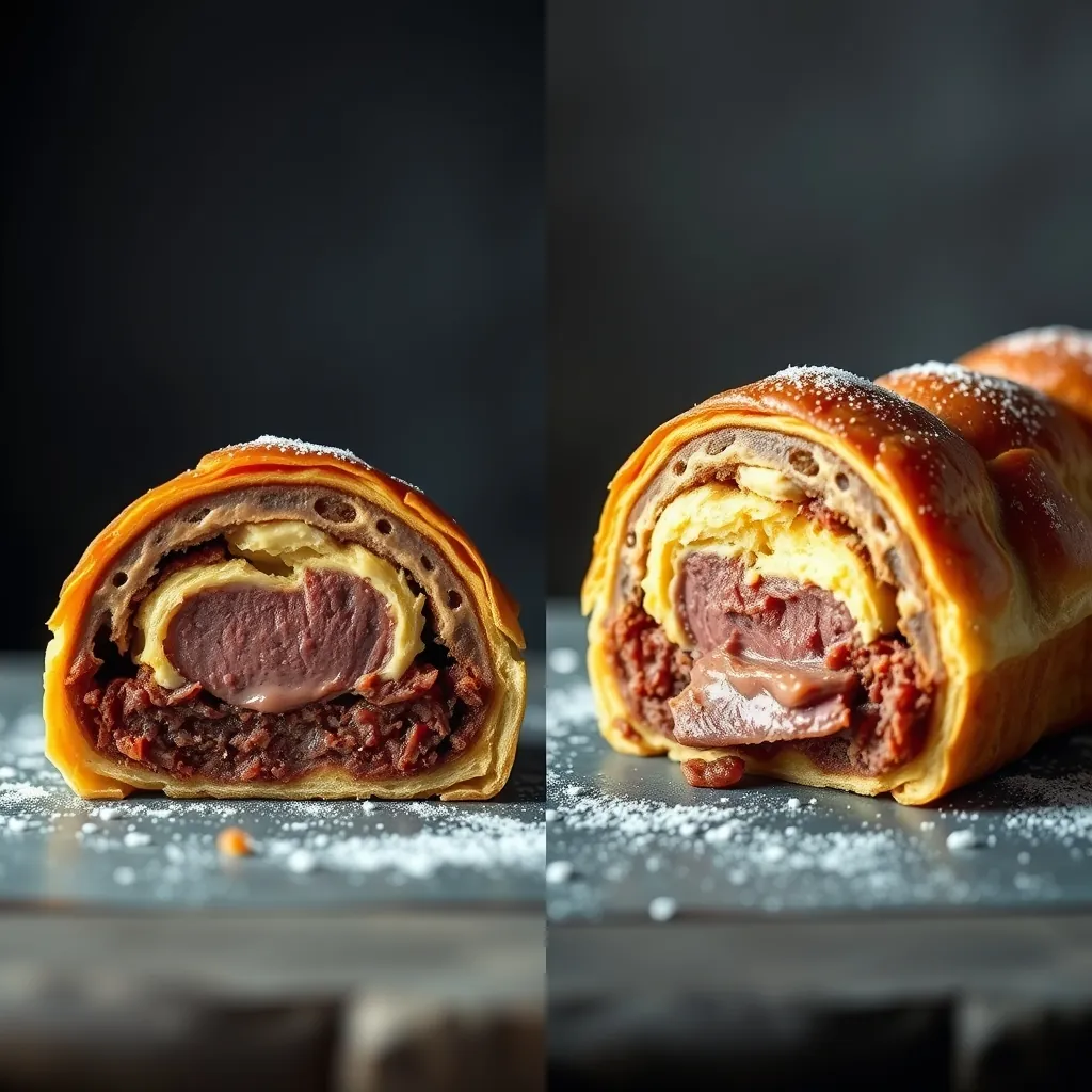Side-by-side comparison of a perfect Beef Wellington slice and a slice with a soggy bottom and collapsed pastry Sidebyside comparison perfect