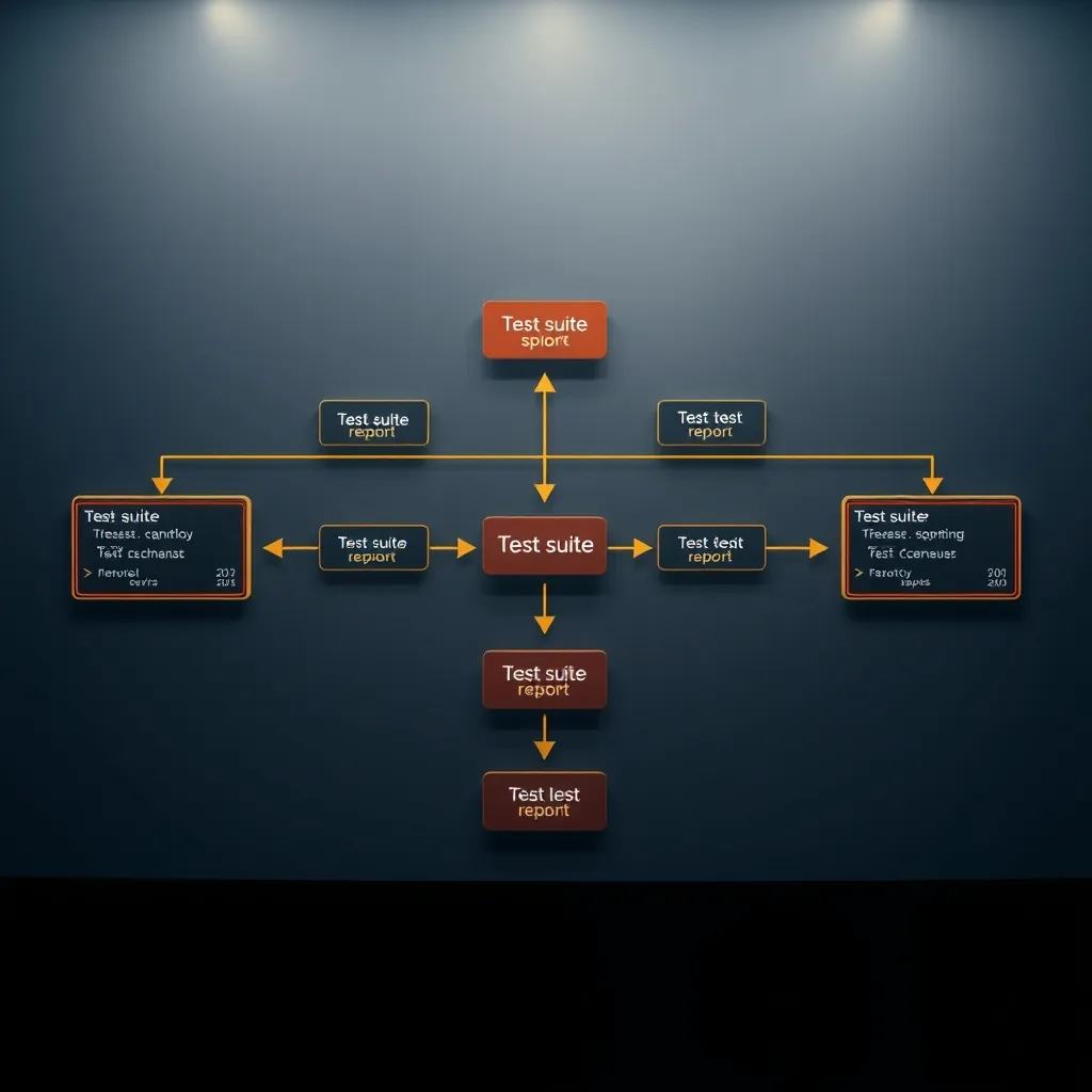 Flowchart showing test suite splitting into parallel test scenarios, each running independently on separate servers, with results funneling back into a single aggregated report Single aggregated report