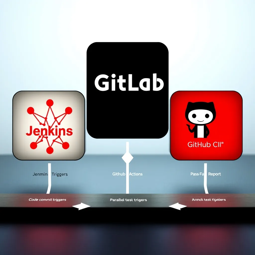 Three logos of Jenkins, GitLab CI, and GitHub Actions arranged side by side with arrows showing code commit triggers flowing into a distributed test pipeline that splits into multiple parallel mapper tasks and aggregates into a single pass-fail report Single passfail report