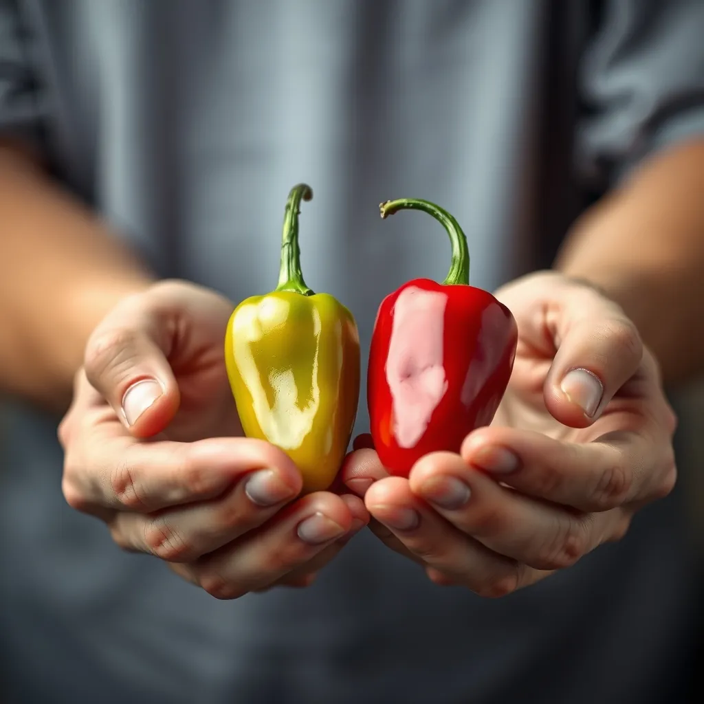 Two hands holding a jalapeño and a serrano pepper side by side, showing size and color difference Size color difference