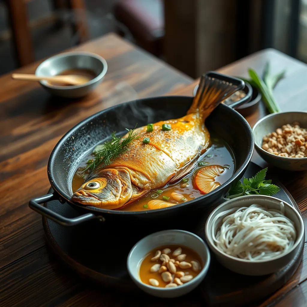 Sizzling pan of cha ca turmeric fish with dill and green onions, served with rice noodles, roasted peanuts, fresh herbs, and dipping sauce on a wooden table in Hanoi Sizzling pan cha