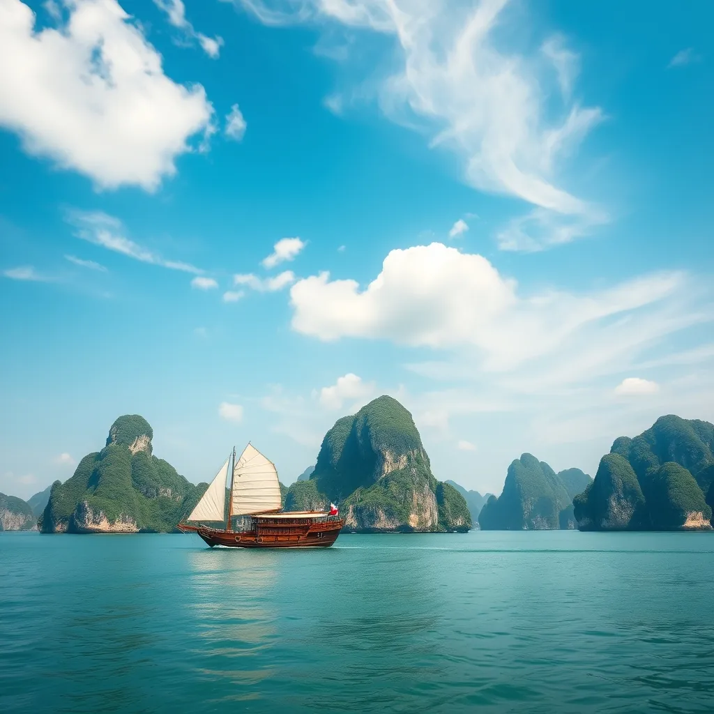 Panoramic view of Ha Long Bay showing limestone karsts rising from calm green water with a traditional junk boat sailing in the foreground under a bright blue sky with white clouds Sky white clouds