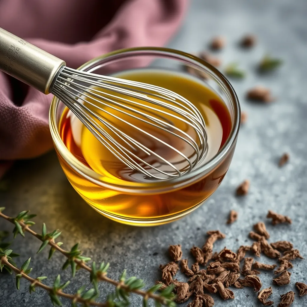 Small bowl of golden olive oil and red wine vinegar with a whisk and dried oregano sprinkled on the surface Small bowl golden