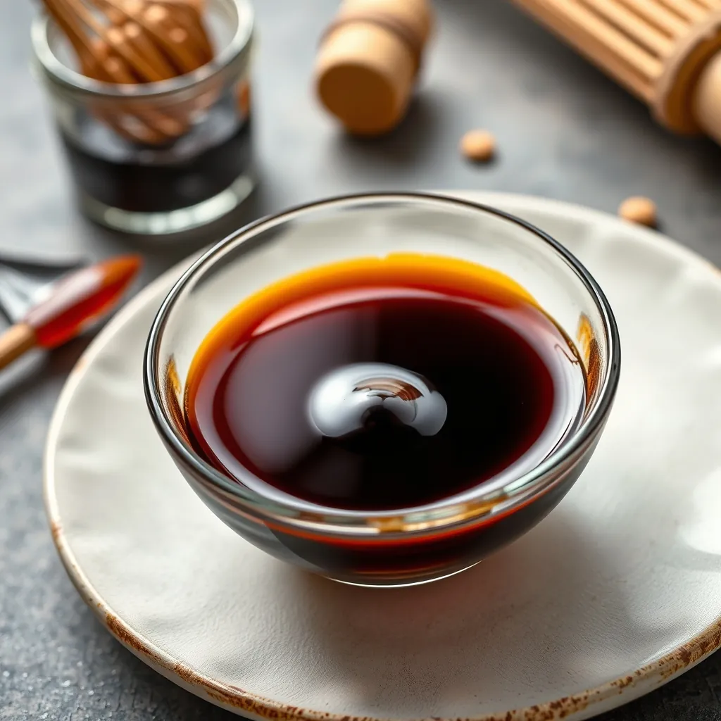 Small bowl of homemade teriyaki sauce with soy sauce, mirin, honey, and whisk showing glossy texture Small bowl homemade