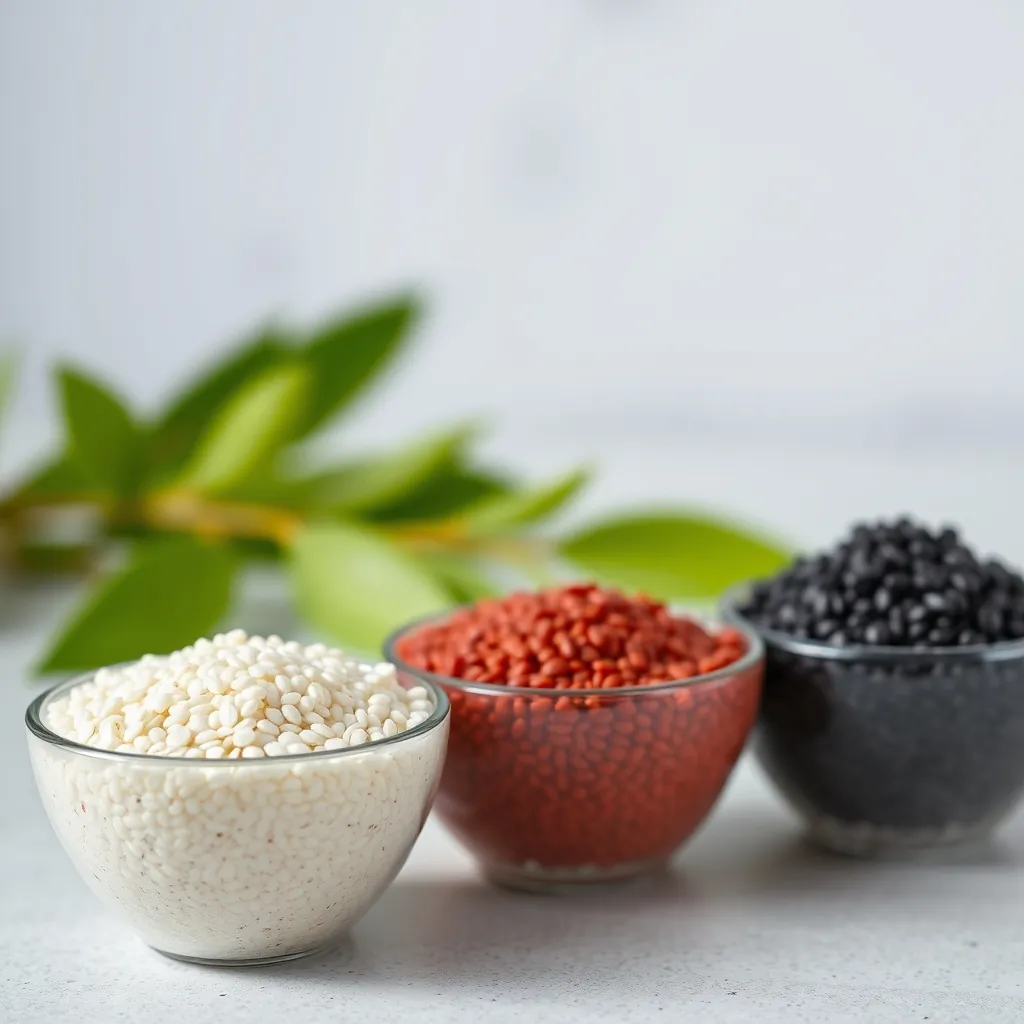 Three small bowls showing white, red, and black quinoa seeds side by side Small bowls white