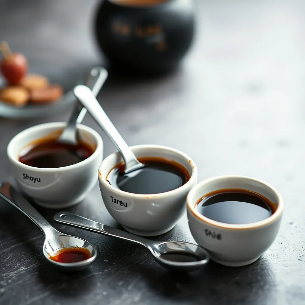 Small ceramic bowls of shoyu tare, miso tare, and shio tare with measuring spoons Small ceramic bowls