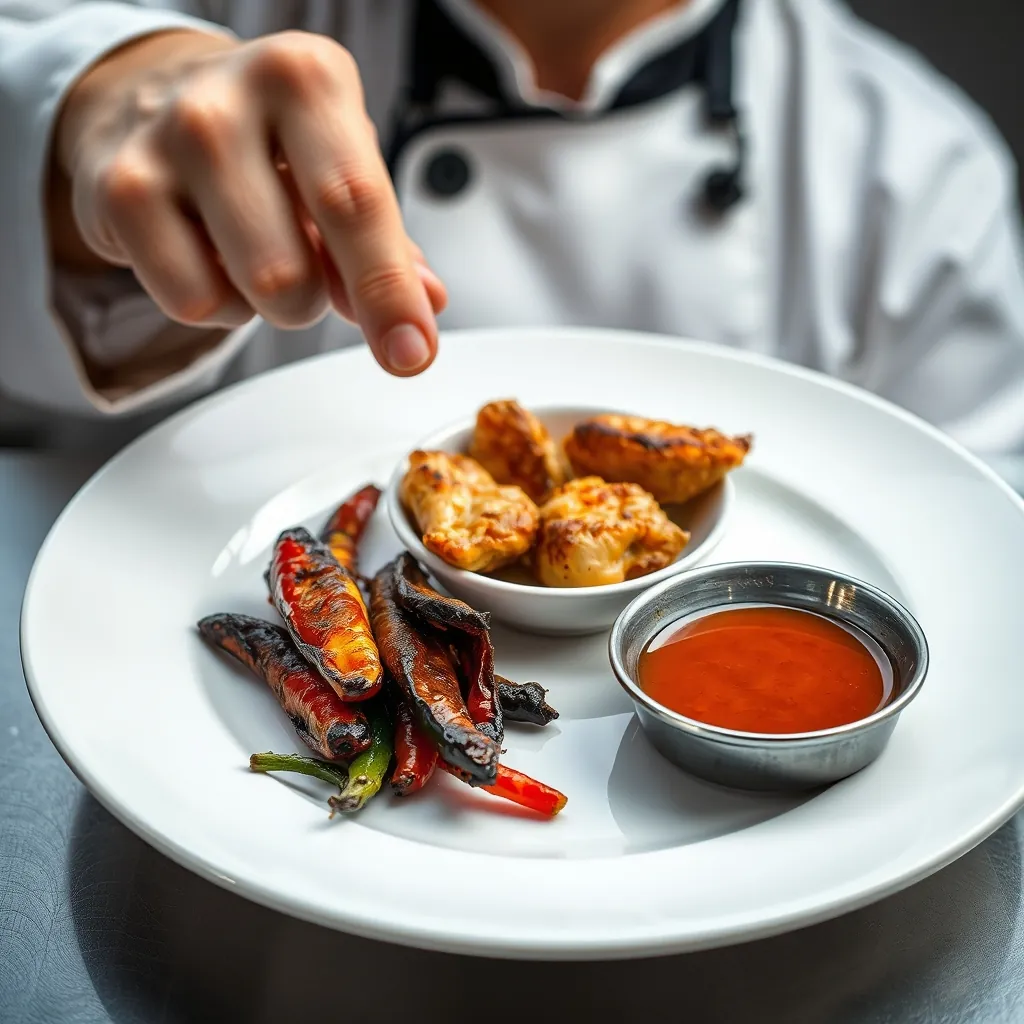 Three small plates showing common mistakes: burnt chilies, soggy chicken, and watery sauce with a chef pointing at each Small plates common