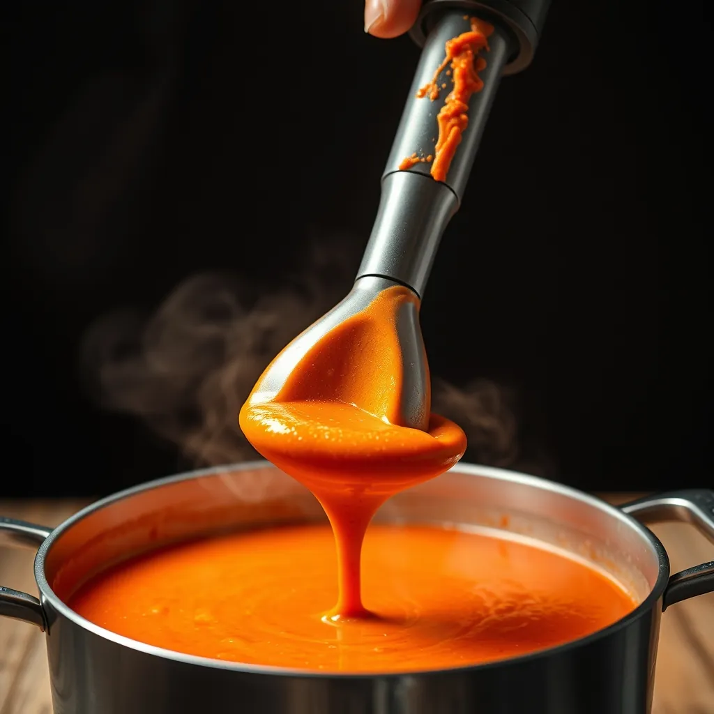 Immersion blender being used directly in a pot of tomato soup, creating a smooth and creamy consistency Smooth creamy consistency