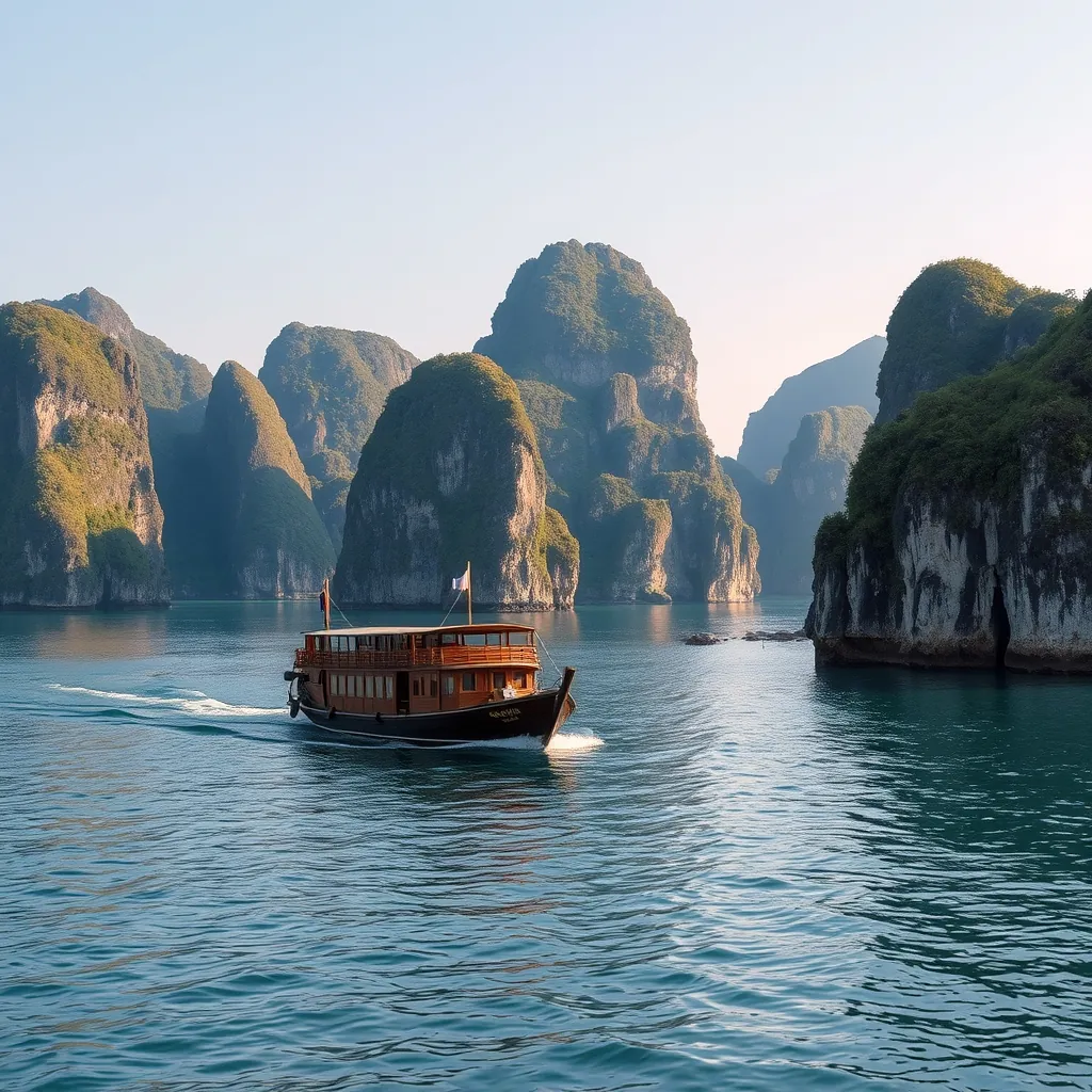 Ha Long Bay's emerald waters dotted with towering limestone karst islands rising from the sea, traditional wooden junk boat sailing between the rocky formations under soft morning light Soft morning light