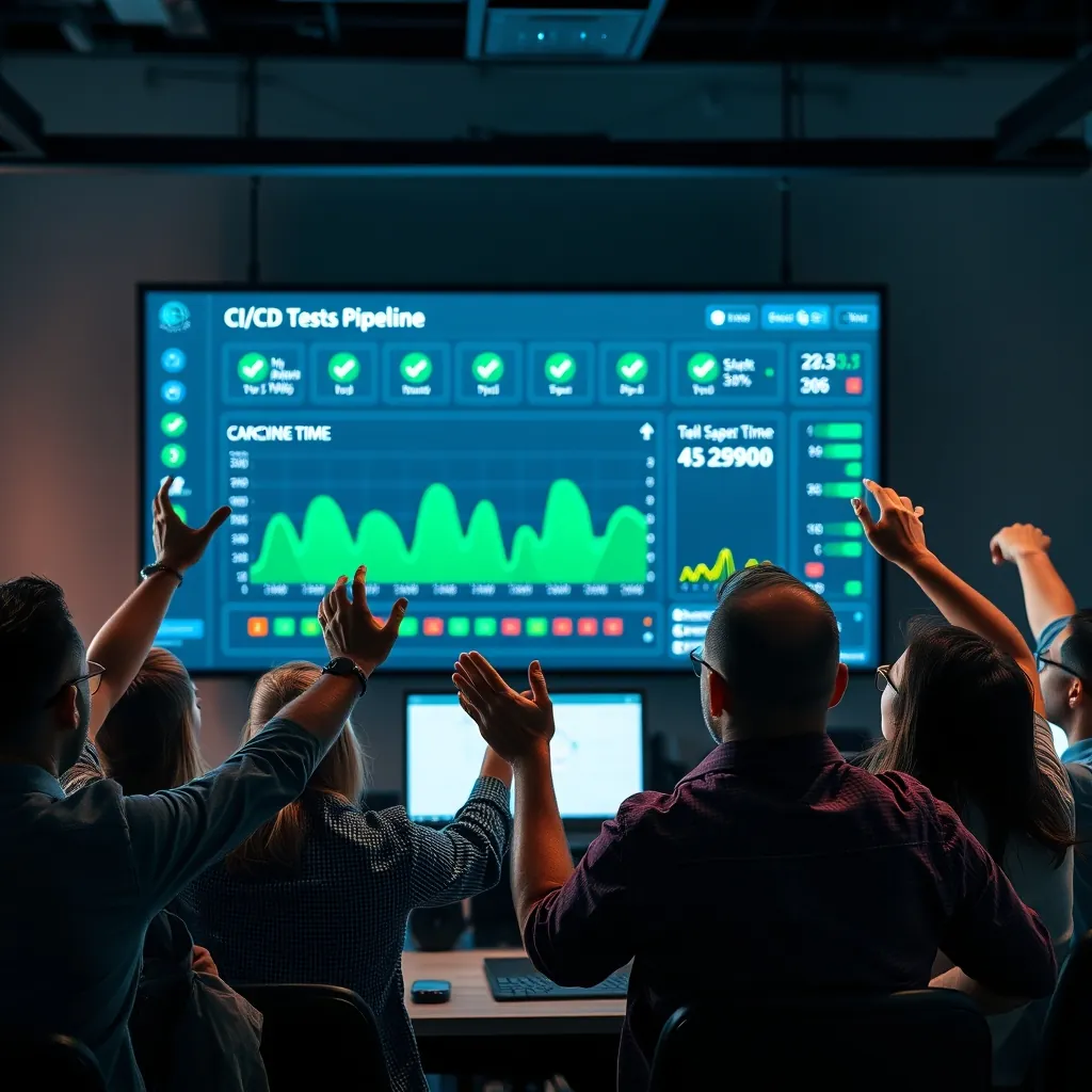 Software engineering team celebrating in front of a large monitor showing a CI/CD pipeline dashboard with green checkmarks and a graph showing test execution time dropping from 4 hours to 45 minutes Software engineering team