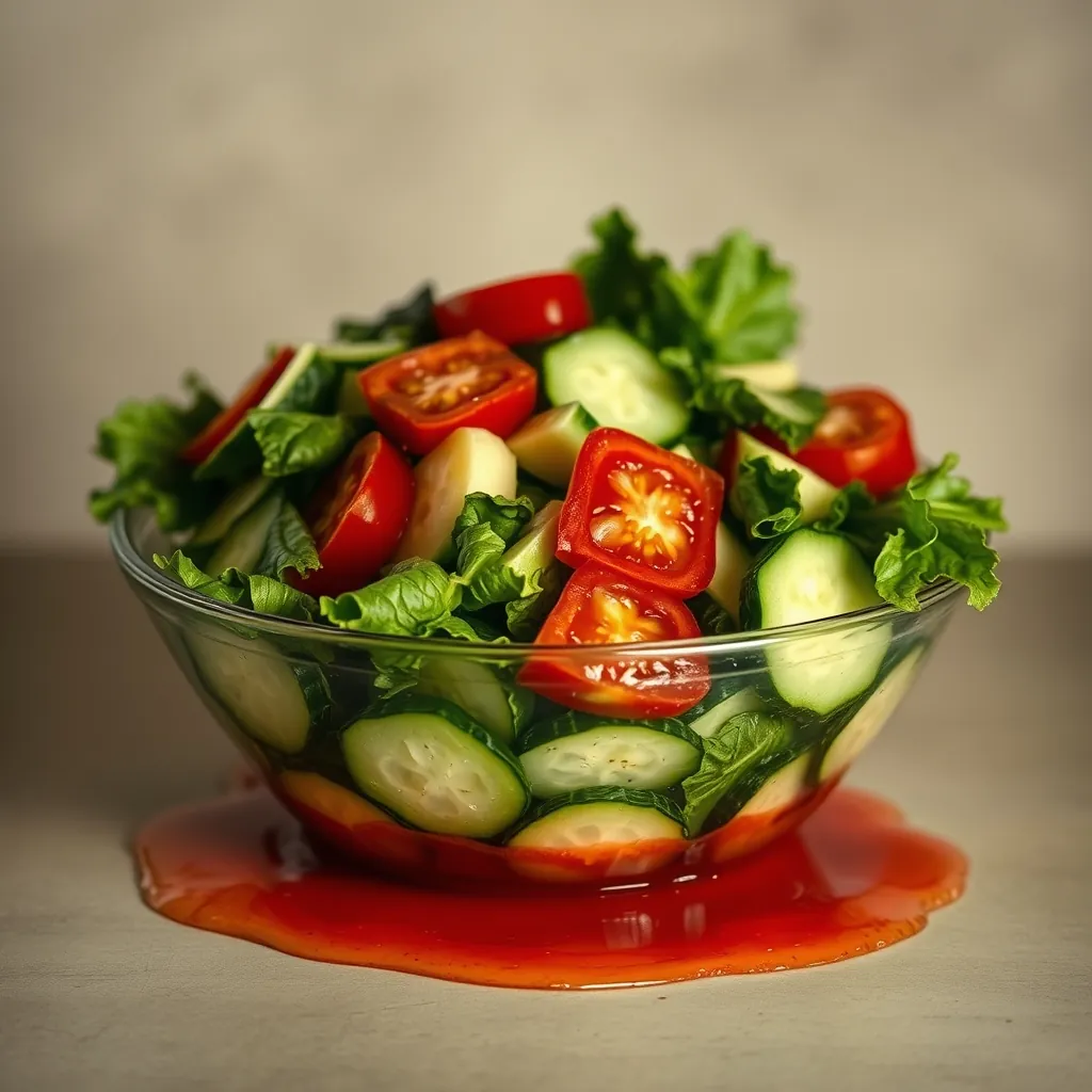 Soggy salad in a bowl with wilted cucumbers and watery tomato juice pooling at the bottom, showing what not to do Soggy salad bowl