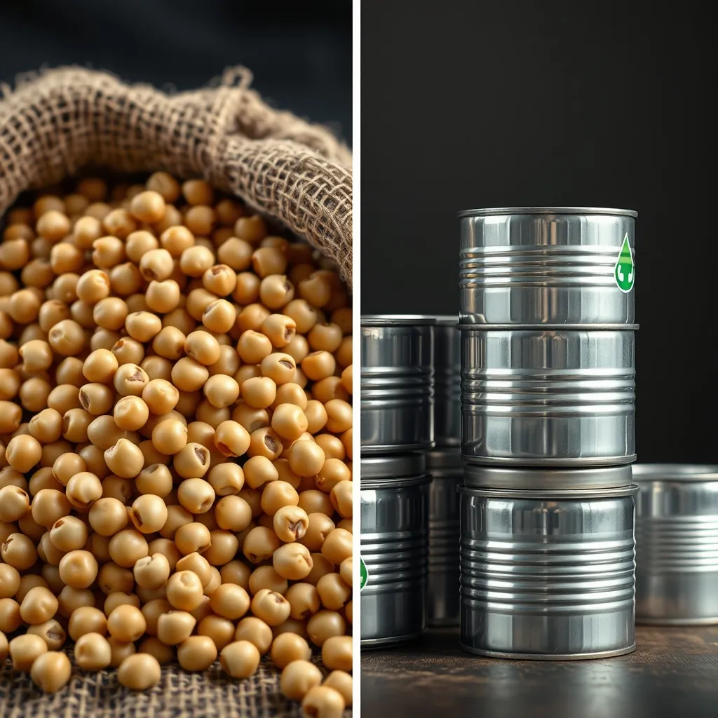 A split view: on the left, a pile of dried chickpeas in a burlap sack, on the right, a stack of metal cans of chickpeas, with a water droplet icon and a recycling icon near each Split left pile