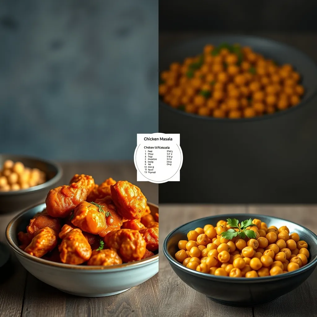 A split-screen comparison: on the left, a bowl of chicken tikka masala, on the right, a bowl of chickpea tikka masala, with a small nutritional label graphic in the center Splitscreen comparison left