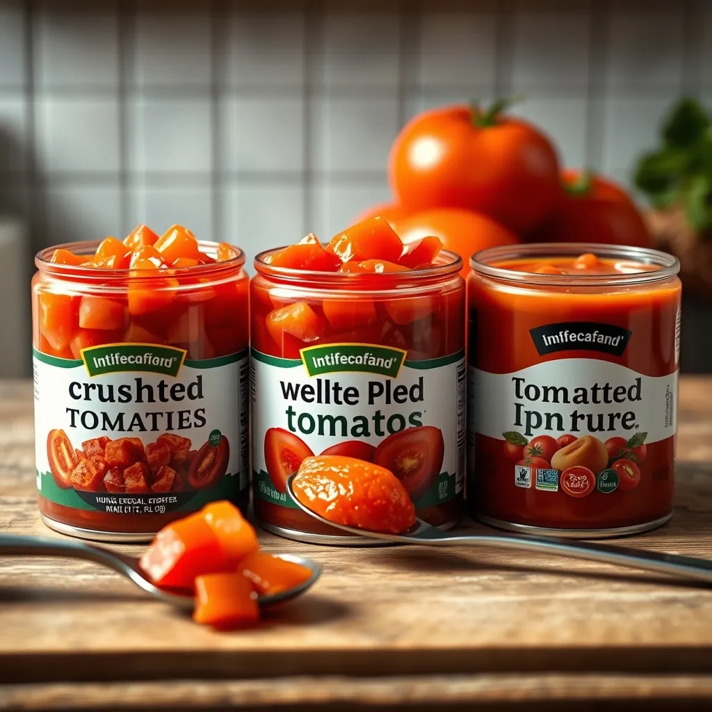 Three types of canned tomatoes on a wooden counter: crushed fire-roasted tomatoes, whole peeled tomatoes, and tomato puree, with a spoon showing the texture difference Spoon texture difference