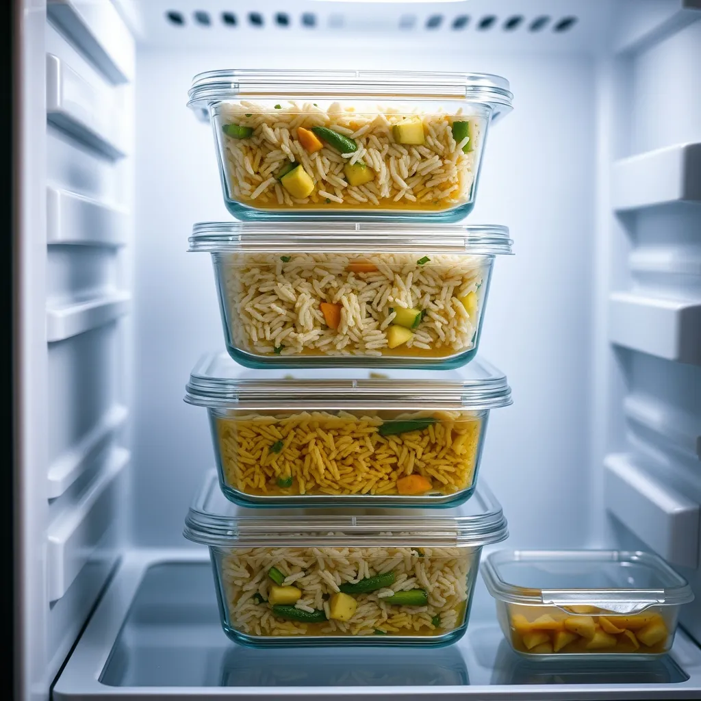 Stack of glass meal prep containers filled with Thai green curry and jasmine rice, neatly arranged in a refrigerator Stack glass meal