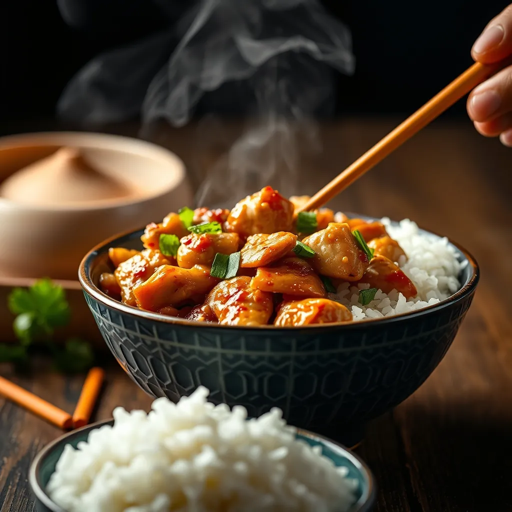 Steaming bowl of chicken teriyaki stir fry with chopsticks and a side of jasmine rice Steaming bowl chicken
