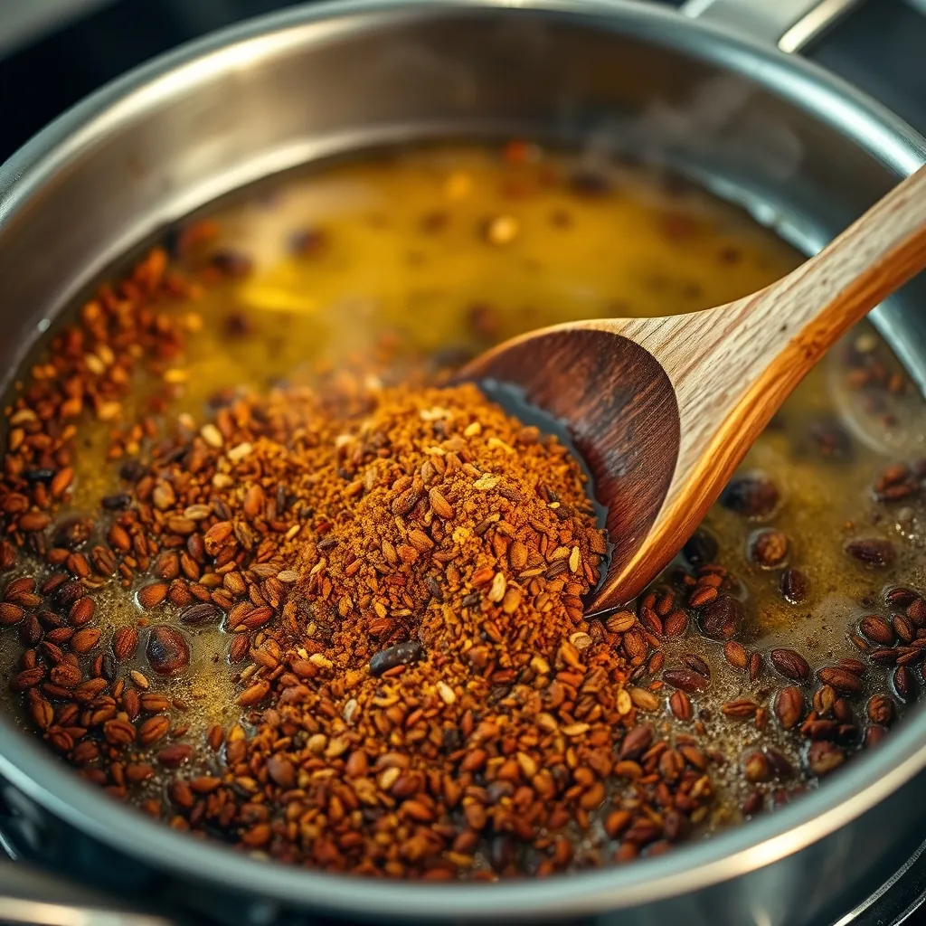 Whole spices and ground spices sizzling in hot ghee in a stainless steel pan, with a wooden spoon stirring, steam rising Stirring steam rising