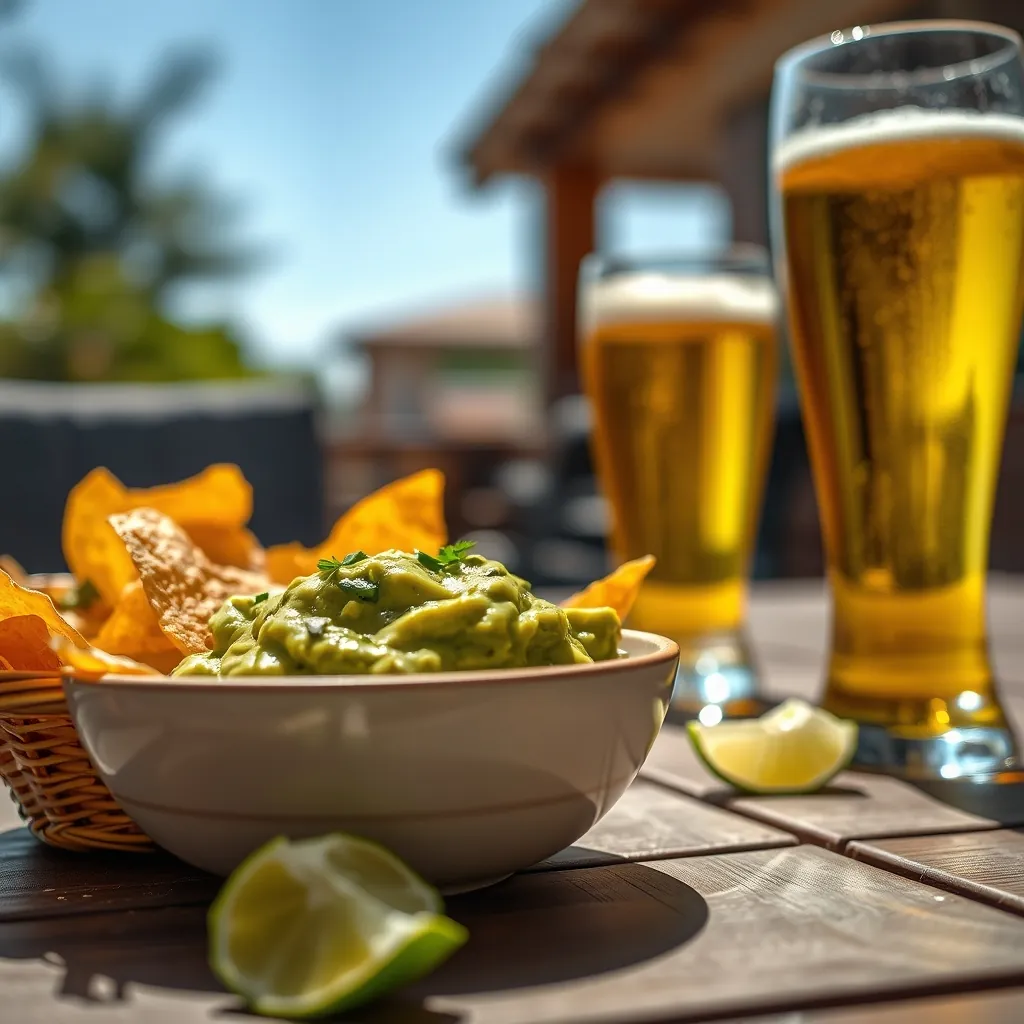 Bowl of guacamole next to a basket of warm tortilla chips and a glass of beer on a sunny outdoor table Sunny outdoor table