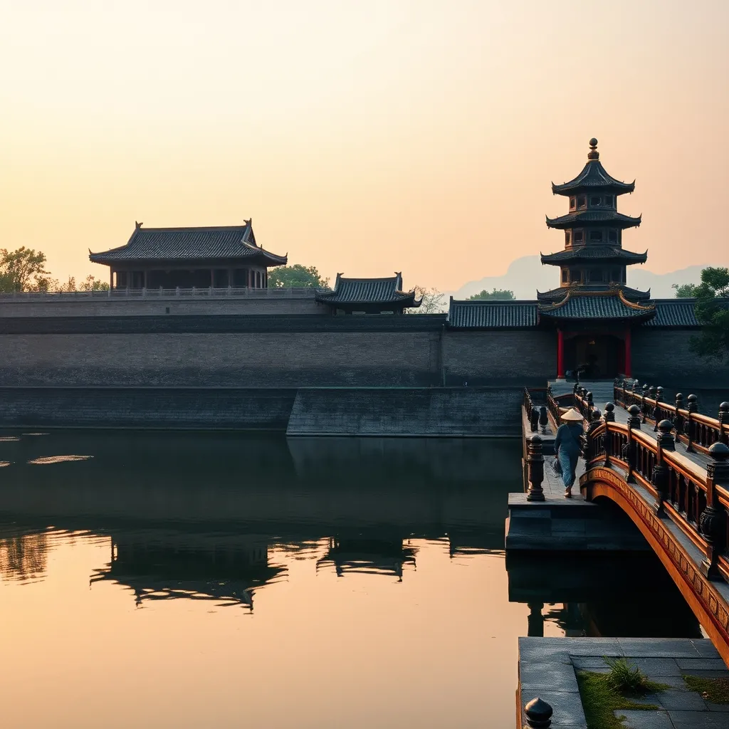 The Imperial Citadel of Hue at sunrise, the massive stone walls and moat of the Forbidden Purple City reflecting in still water, ornate Vietnamese imperial architecture with curved tiled roofs and golden dragons, the Perfume River flowing gently past the ancient fortress, incense smoke rising from a courtyard altar, conical hat wearing locals crossing a bridge, the silhouette of Thien Mu Pagoda's seven-story tower against a soft orange sky, mist rising from the river at dawn Sunrise massive stone