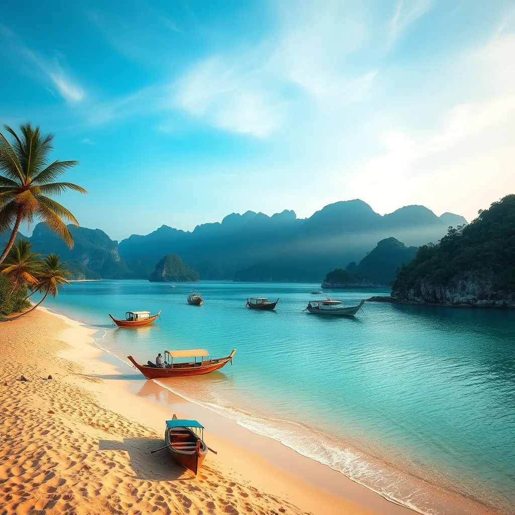 Sweeping panoramic view of Lang Co Bay in central Vietnam, turquoise lagoon waters meeting golden sand beach, dramatic Bach Ma mountain range rising in the background, traditional fishing boats floating on calm bay waters, palm trees lining the shore, the curve of the coastline stretching toward distant mountains, soft morning light illuminating the scenic landscape voted among the most beautiful bays in the world Sweeping panoramic lang