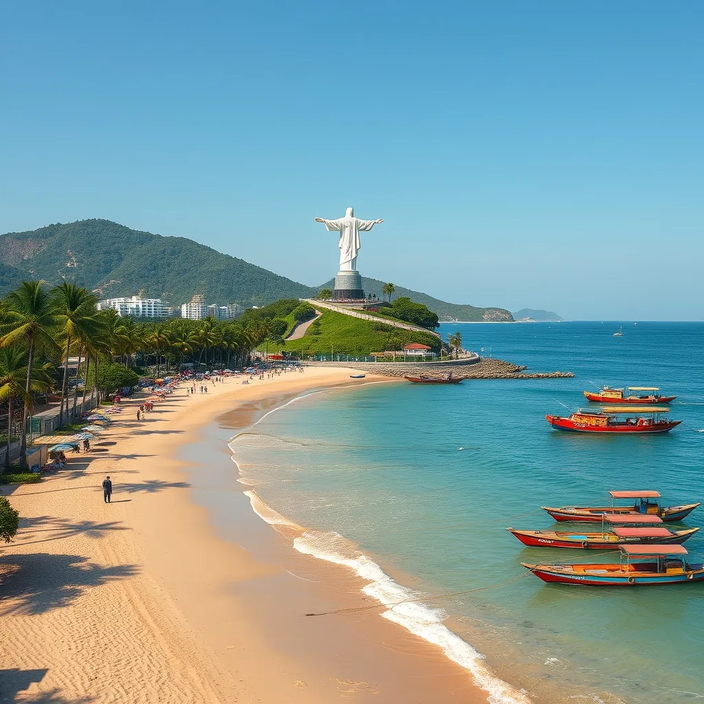Sweeping panoramic view of Vung Tau's golden sandy beach curving along the South China Sea coastline, the towering white Jesus Christ statue with outstretched arms standing on a small hilltop in the distance, fishing boats with blue and red painted hulls anchored in the shallow turquoise water, palm trees swaying along the palm-lined promenade, Vietnamese families enjoying the seaside under colorful umbrellas, the headland of Nui Lon mountain rising dramatically behind the city Sweeping panoramic vung