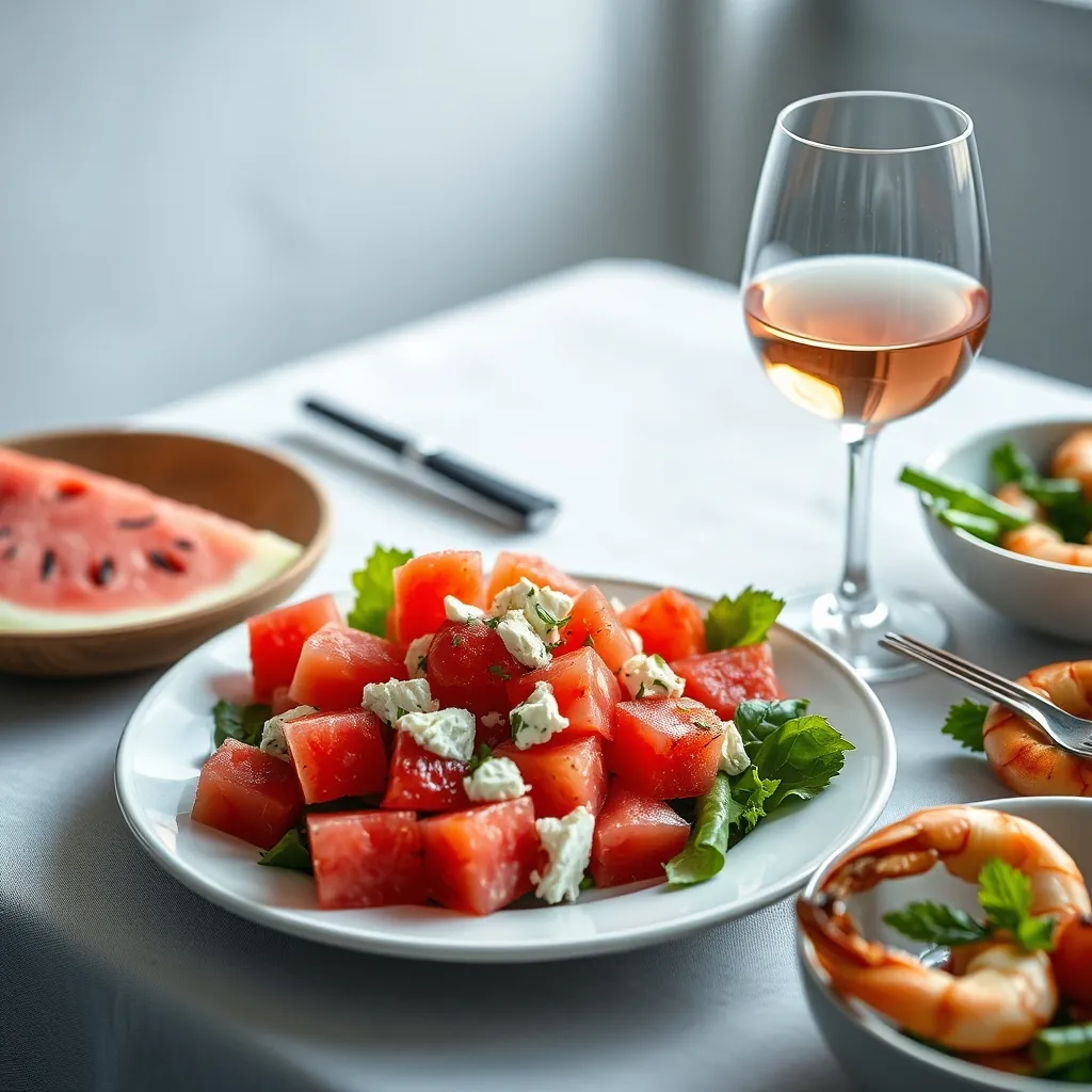 A table setting with a plate of watermelon feta salad, a glass of rosé, and a bowl of grilled shrimp Table setting plate