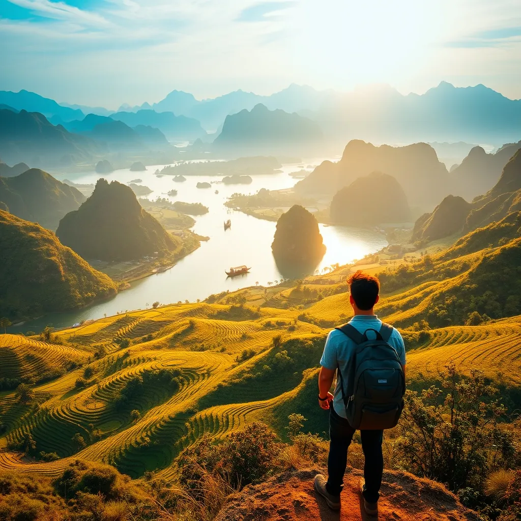 Panoramic view of Vietnam at golden hour, terraced rice fields cascading down green mountains in the north, limestone karsts rising from emerald waters in the middle distance, a traditional wooden boat gliding along a calm river, warm sunlight casting long shadows across the landscape, a lone traveler with a backpack standing on a viewpoint taking in the vast scenery Taking vast scenery