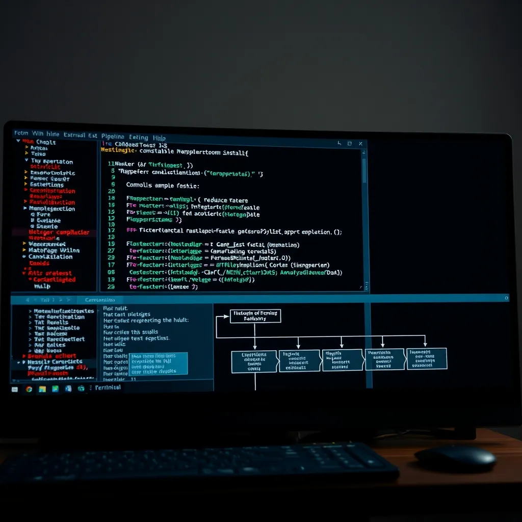 Terminal window showing command line execution of a Python MapReduce test pipeline with sample code for mapper and reducer functions visible in a code editor split screen, alongside a flowchart showing test scenarios flowing from input to mappers to reducers to final results Terminal window command