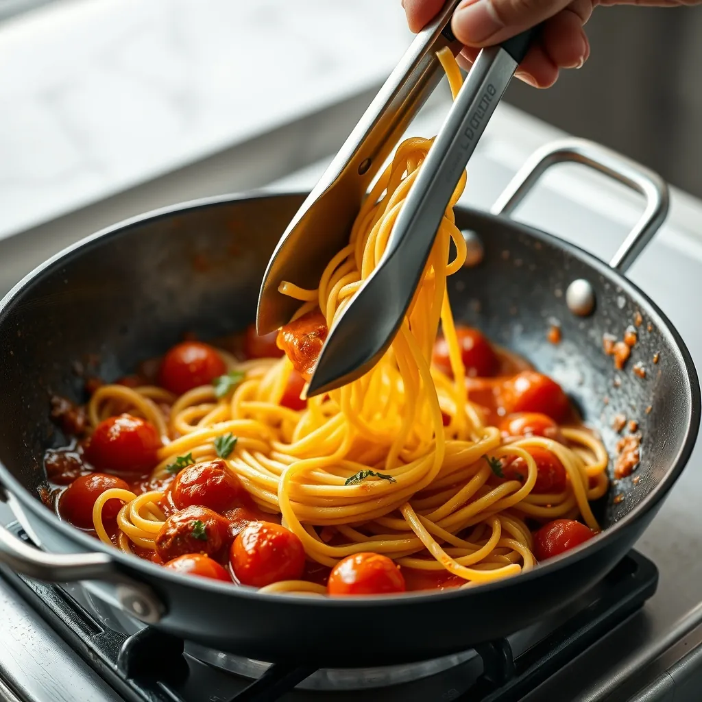 Tongs tossing cooked pasta with cherry tomato sauce in a skillet Tongs tossing cooked
