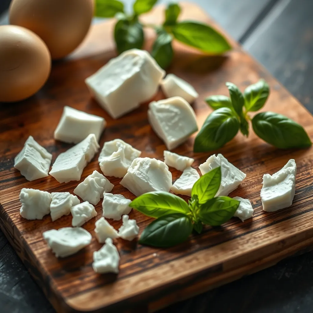 Torn pieces of fresh mozzarella arranged on a wooden cutting board, with a few basil leaves nearby Torn pieces fresh