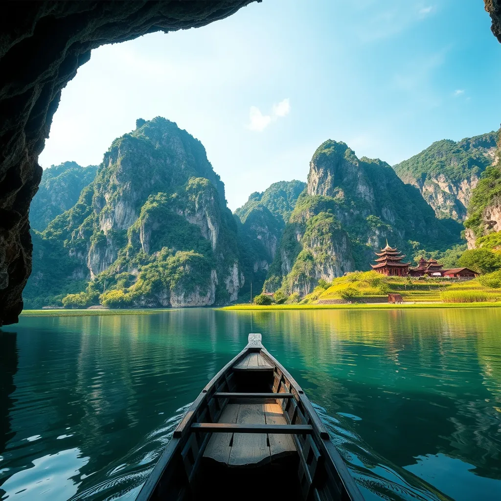 Towering limestone karst mountains rising from the emerald green waters of Ninh Binh, with a traditional wooden rowboat gliding through a cave entrance, surrounded by lush rice paddies and ancient temples Towering limestone karst
