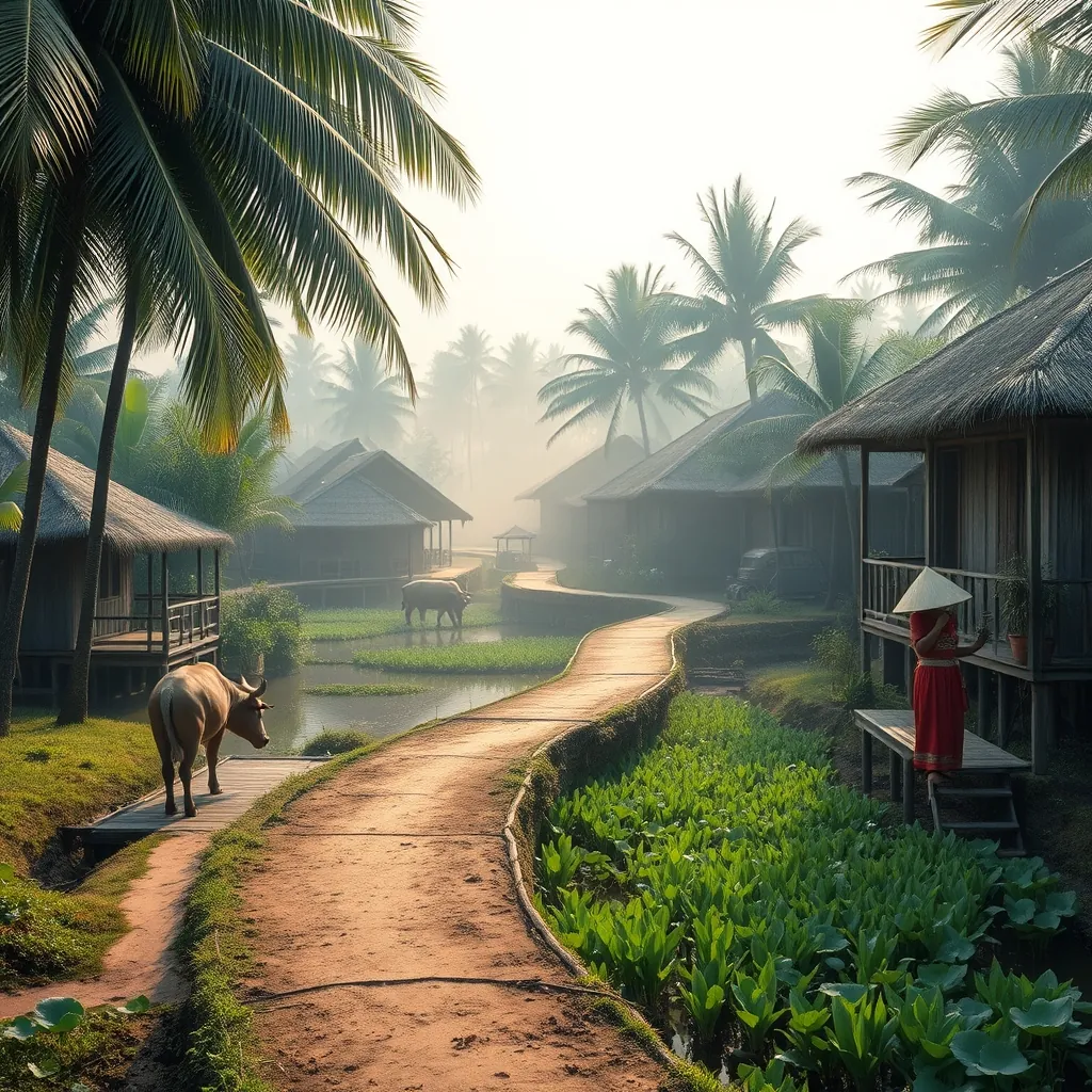 Traditional Vietnamese village scene with thatched-roof stilt houses surrounded by lush coconut palm groves, narrow dirt pathways winding past lotus ponds and vegetable gardens, wooden bridges crossing calm canals, water buffalo grazing in emerald rice paddies, local women in conical hats tending to garden plots, soft morning mist rising from the water, warm golden light filtering through the tropical foliage Traditional vietnamese village