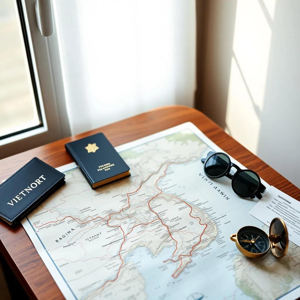 Detailed map of Vietnam spread across a wooden table alongside a passport, boarding pass, and pair of sunglasses, winding mountain roads and coastal railway lines marked in vibrant colors across the map, small compass resting on the corner, soft natural light streaming through a window onto the travel planning scene Travel planning scene
