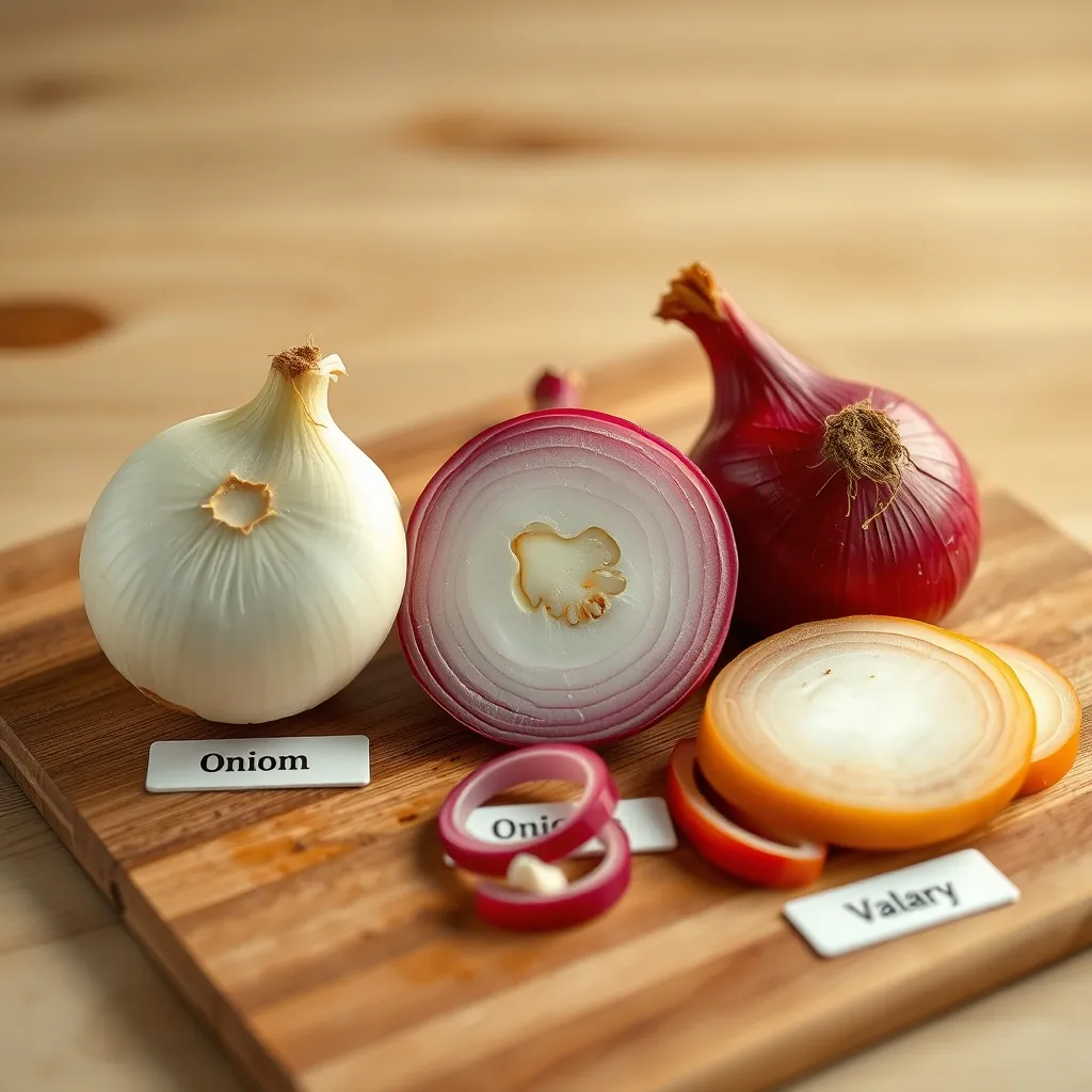 Three types of onions white red and yellow sliced on a cutting board with a label for each variety Types onions white