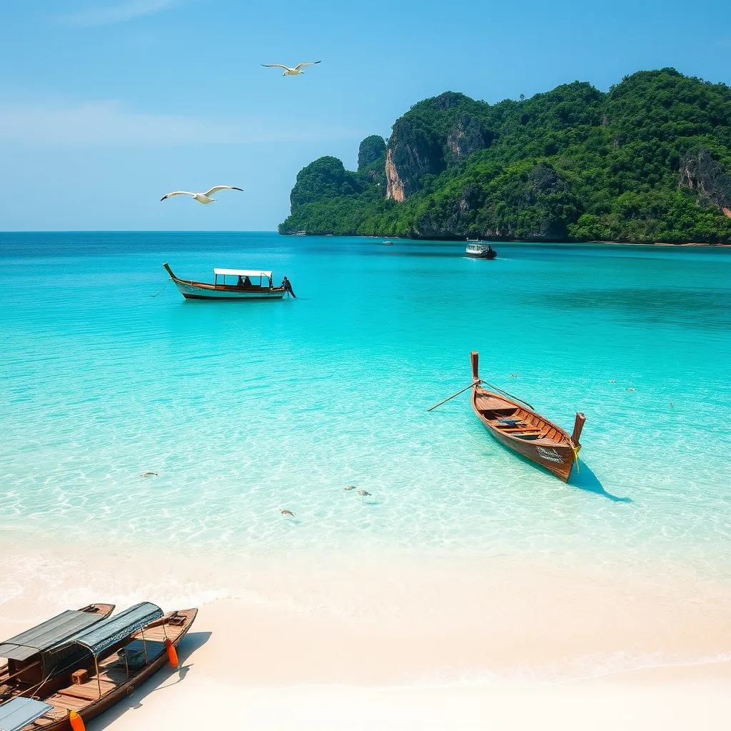 Pristine turquoise waters lapping against white sand beach on the Cham Islands offshore from Hoi An, Vietnam, colorful coral reefs visible beneath clear water with tropical fish swimming, traditional wooden fishing boats anchored near shore, lush green jungle-covered islands rising in the background, snorkelers exploring the shallows while seabirds circle overhead, the protected marine reserve showcasing untouched natural beauty Untouched natural beauty