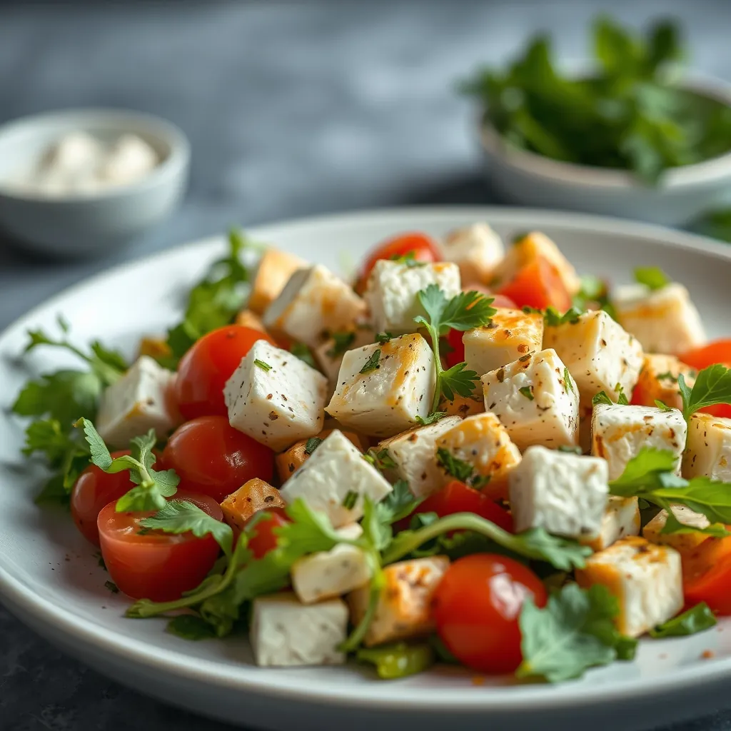 Vegan Greek salad with marinated tofu cubes replacing feta cheese, garnished with fresh herbs Vegan greek salad