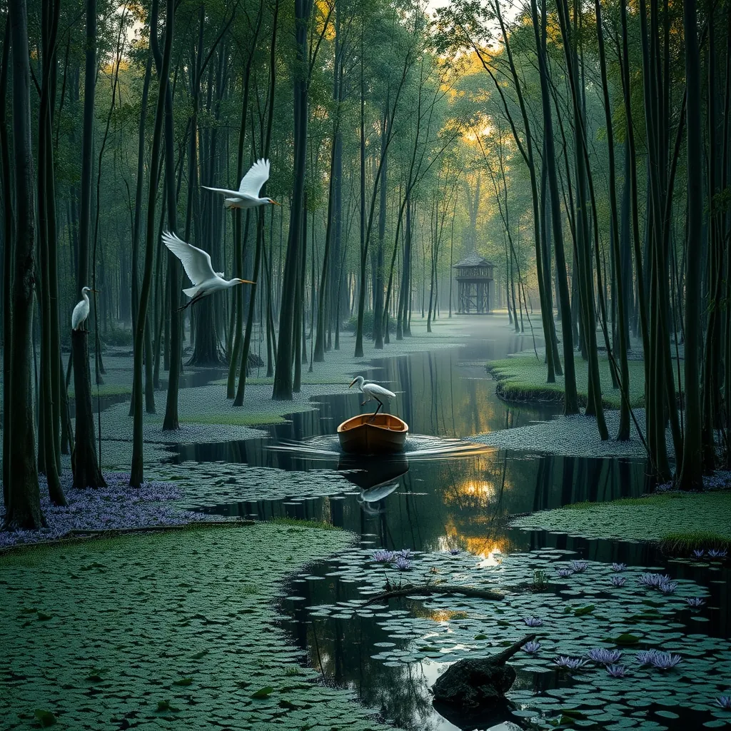 Verdant flooded cajuput forest with tall slender trees rising from dark mirror-like water, a small wooden rowboat gliding silently through the narrow winding channels, white egrets and herons perched on branches and taking flight overhead, purple water lilies floating on the surface, thick green duckweed carpeting sections of the water, morning mist hanging low between the trees, wooden observation tower rising above the canopy in the distance, golden sunrise light breaking through the dense foliage Verdant flooded cajuput
