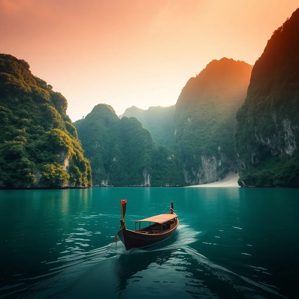 Verdant limestone karst islands rising from the calm turquoise waters of Lan Ha Bay, a traditional wooden junk boat gliding past a pristine white-sand beach on Cat Ba Island, dense tropical jungle covering the mountainous island interior, golden afternoon light illuminating the dramatic seascape Verdant limestone karst