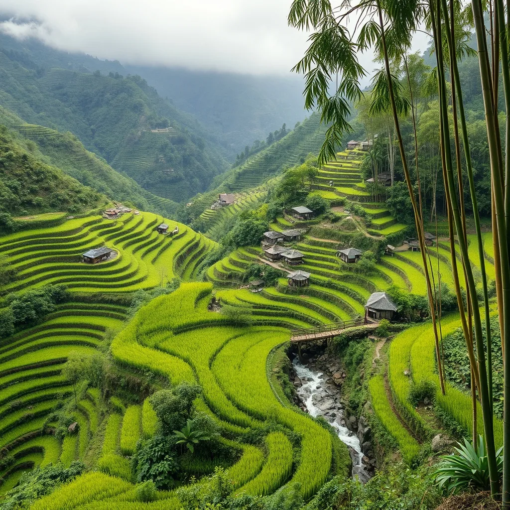 Verdant terraced rice fields cascading down a steep mountainside in Pu Luong Nature Reserve, scattered traditional stilt houses of Thai ethnic minority villages nestled among the folds of the hills, a wooden footbridge crossing a clear mountain stream, morning mist clinging to the dense bamboo forest canopy Verdant terraced rice