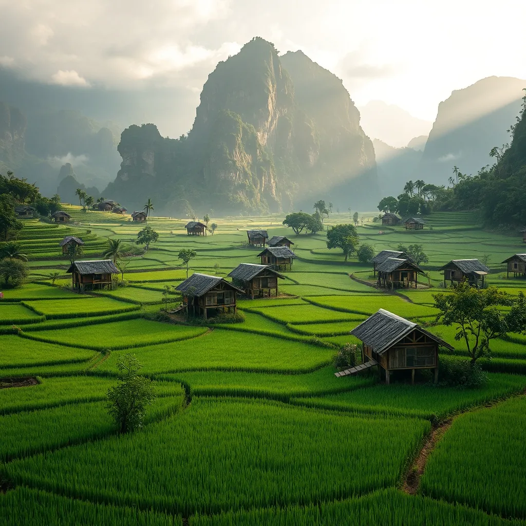 Verdant valley floor of Mai Chau surrounded by towering limestone karst mountains, traditional Thai ethnic minority stilt houses on stilts with thatched roofs scattered across the green rice paddies, soft morning light filtering through the mist Verdant valley floor