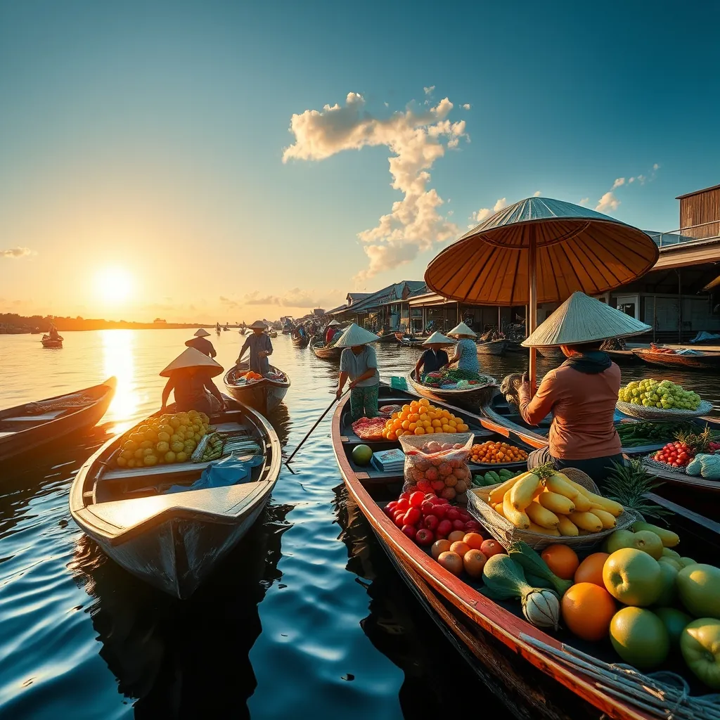Vibrant floating market on the Mekong Delta with wooden boats loaded with tropical fruits and vegetables, traders in conical hats, and the morning sun creating golden reflections on the water Vibrant floating market