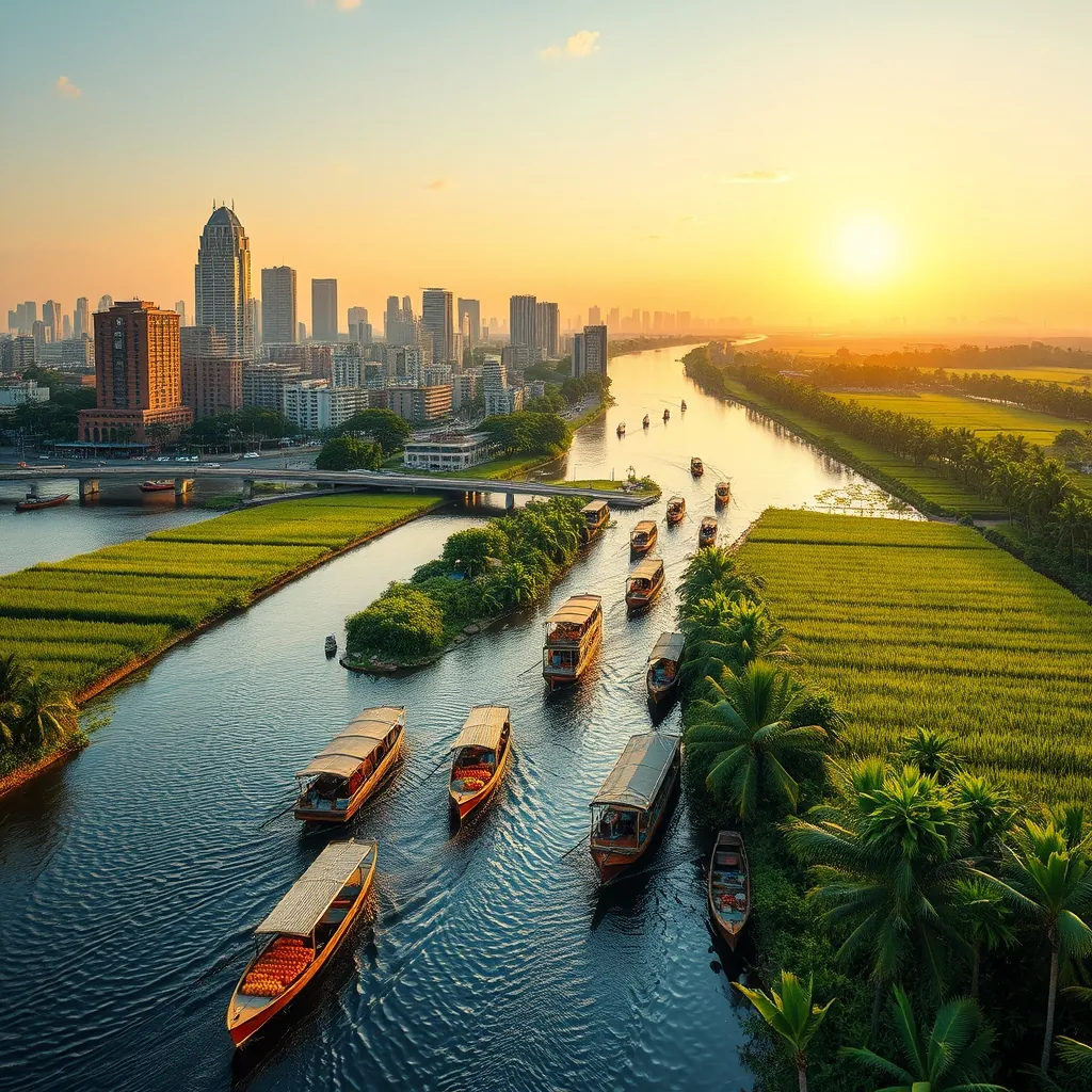 Vibrant southern Vietnam landscape showing the bustling Saigon River winding through Ho Chi Minh City with modern skyscrapers rising in the background, traditional wooden riverboats loaded with tropical fruits navigating the waterway, lush green Mekong Delta rice paddies and coconut palm plantations stretching toward the horizon, colorful floating market boats gathering at dawn, warm tropical sunlight casting golden reflections on the water, the dynamic contrast between urban energy and serene river life captured in one sweeping view Vibrant southern vietnam